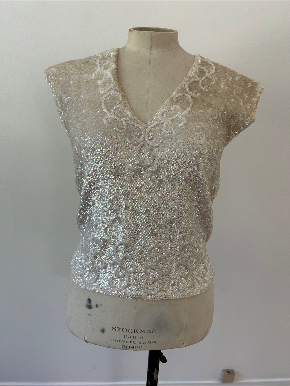 Vintage 1950s-60s Beaded Sequin Wool Top, Ivory, Hand-Beaded Hong Kong, Bullocks